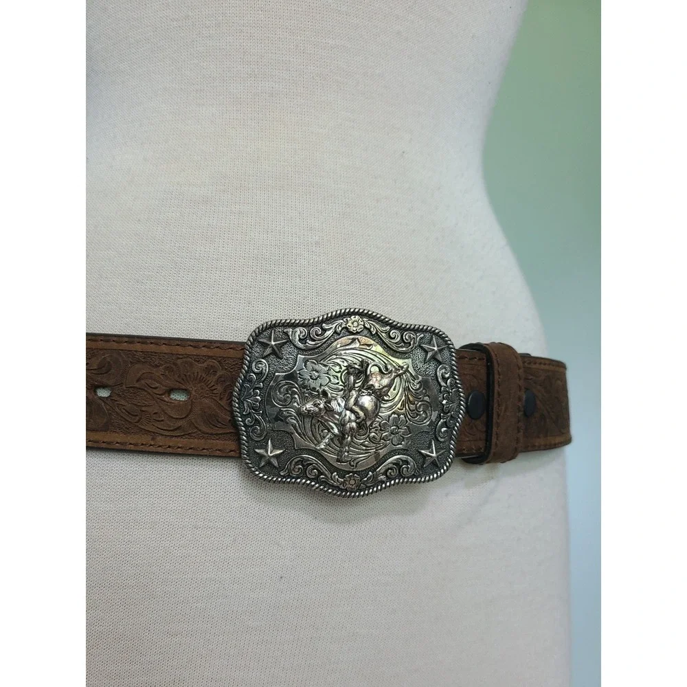 Nocona Embossed Floral Brown Leather Belt Silver Rodeo Bull Rider Stamped Buckle - Picture 2 of 9